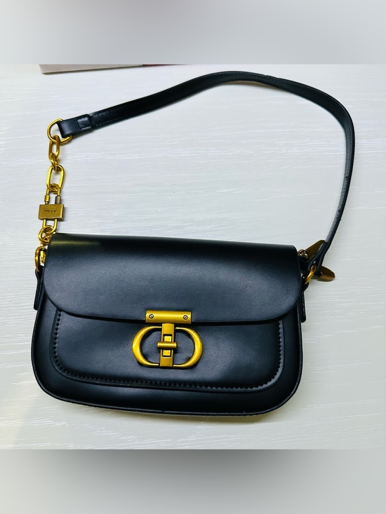Handbags - Black PU Leather Shoulder Bag with Gold Hardware